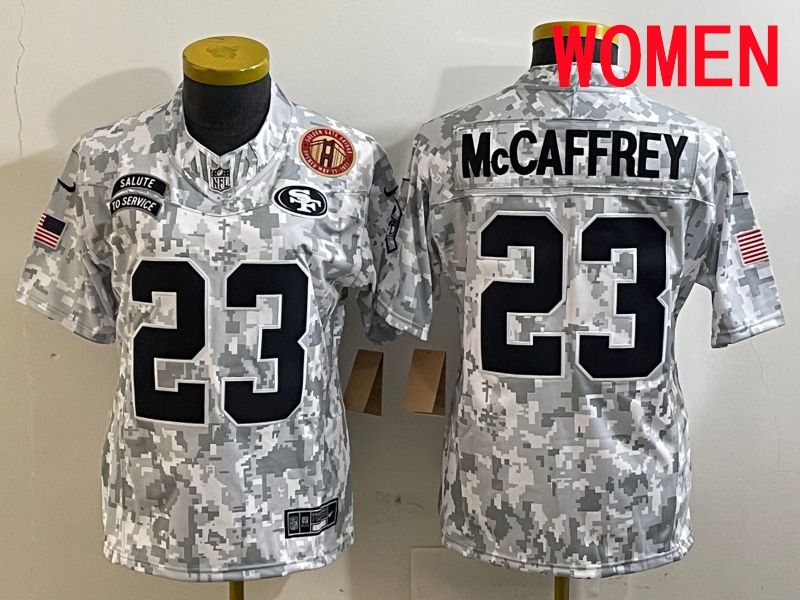 Women San Francisco 49ers #23 Mccaffrey Nike Arctic Camo 2025 Salute to Service Limited NFL Jersey style 4